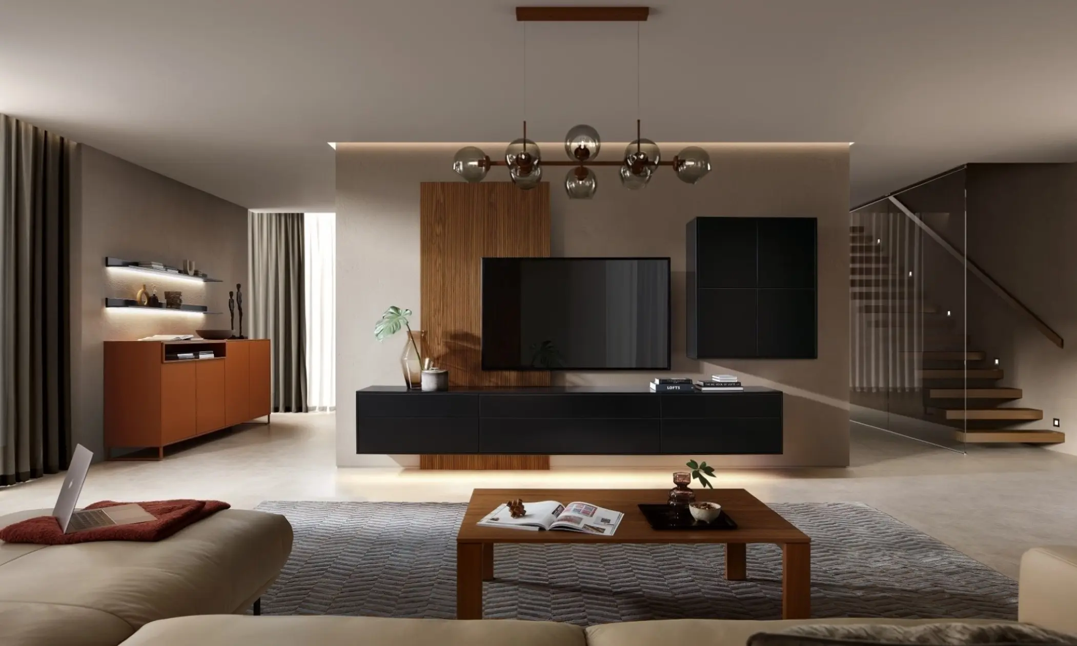 Sie sehen eine Lowboard Lack matt mit Hängeschrank, push to open, rotes Sideboard